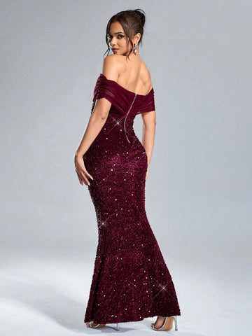 1pc Women's Off The Shoulder Solid Color Patchwork Sequin Fishtail Hem Dress, For Party Occasion