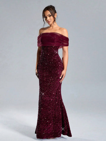 1pc Women's Off The Shoulder Solid Color Patchwork Sequin Fishtail Hem Dress, For Party Occasion