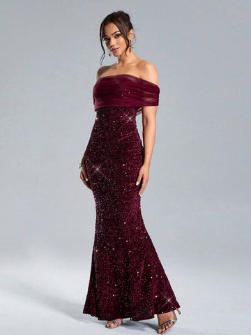 1pc Women's Off The Shoulder Solid Color Patchwork Sequin Fishtail Hem Dress, For Party Occasion