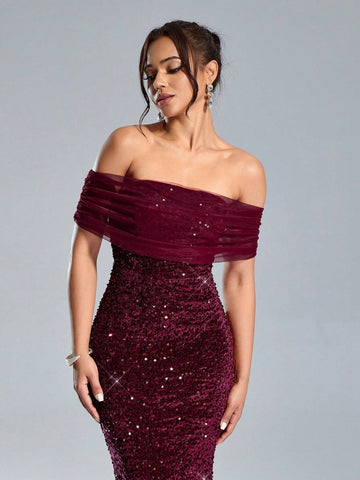 1pc Women's Off The Shoulder Solid Color Patchwork Sequin Fishtail Hem Dress, For Party Occasion