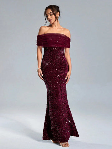 1pc Women's Off The Shoulder Solid Color Patchwork Sequin Fishtail Hem Dress, For Party Occasion