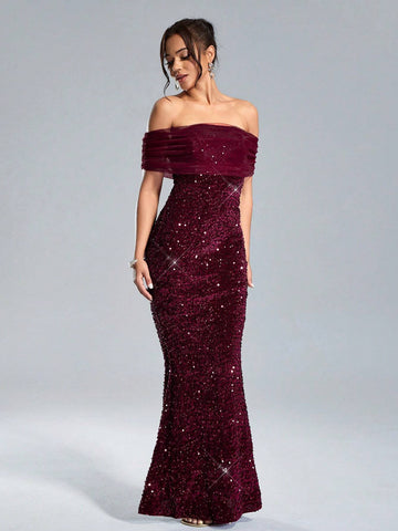 1pc Women's Off The Shoulder Solid Color Patchwork Sequin Fishtail Hem Dress, For Party Occasion