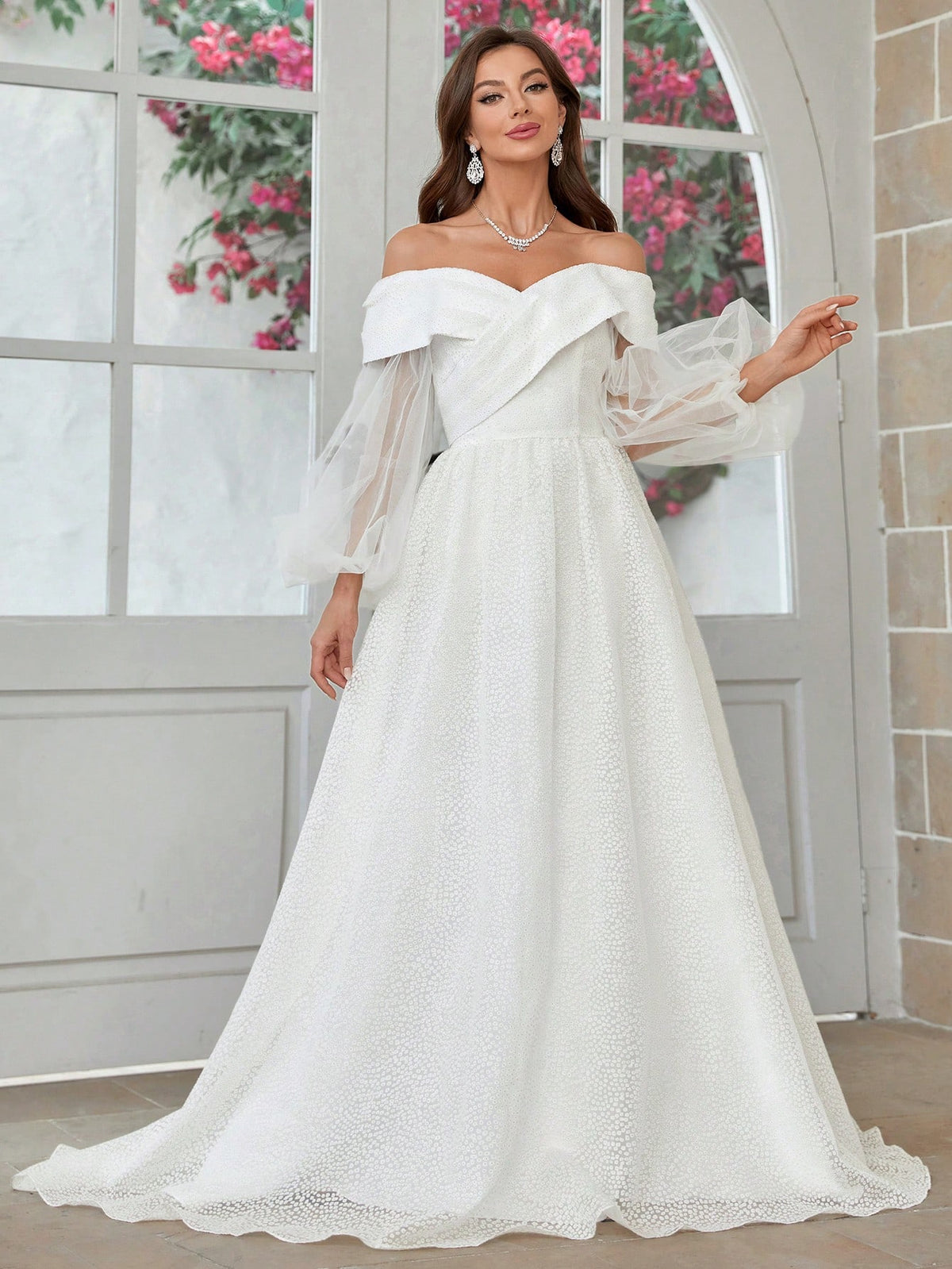 3d Blossom Fabric Off Shoulder Lantern Sleeve Ball Gown Wedding Dress