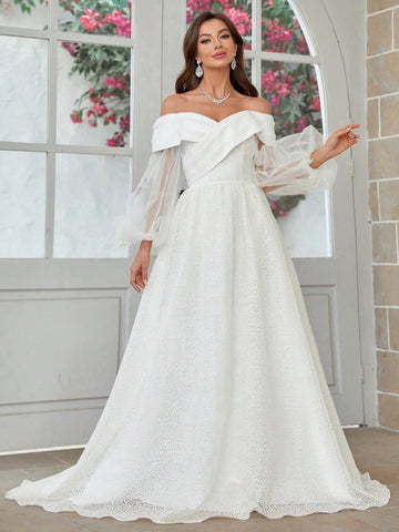 3d Blossom Fabric Off Shoulder Lantern Sleeve Ball Gown Wedding Dress