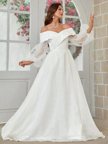 3d Blossom Fabric Off Shoulder Lantern Sleeve Ball Gown Wedding Dress