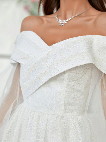 3d Blossom Fabric Off Shoulder Lantern Sleeve Ball Gown Wedding Dress