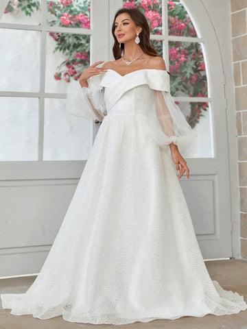 3d Blossom Fabric Off Shoulder Lantern Sleeve Ball Gown Wedding Dress