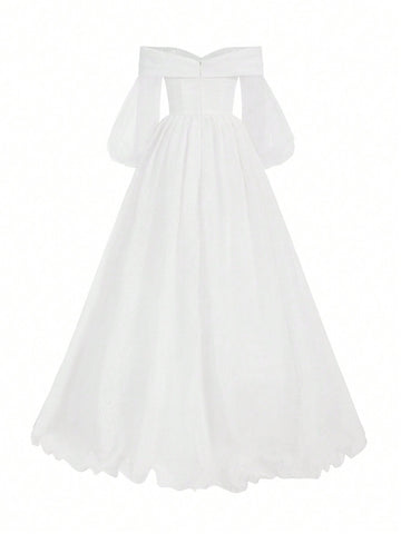 3d Blossom Fabric Off Shoulder Lantern Sleeve Ball Gown Wedding Dress