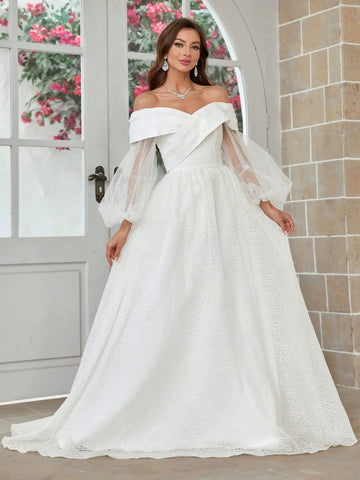 3d Blossom Fabric Off Shoulder Lantern Sleeve Ball Gown Wedding Dress