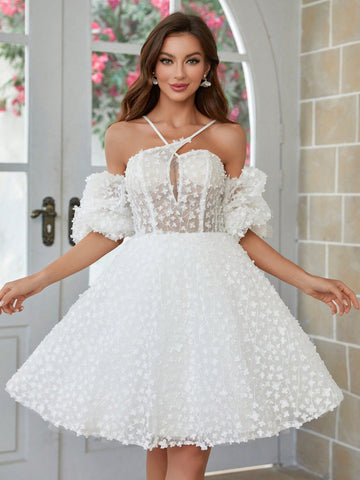 3d Floral Fabric Ball Gown With Crossed Cami Design Wedding Dress