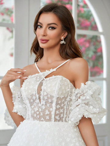 3d Floral Fabric Ball Gown With Crossed Cami Design Wedding Dress