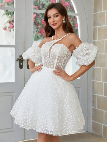 3d Floral Fabric Ball Gown With Crossed Cami Design Wedding Dress