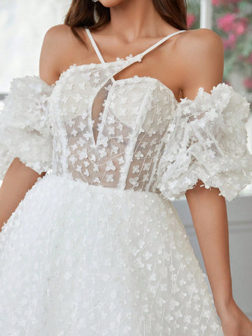 3d Floral Fabric Ball Gown With Crossed Cami Design Wedding Dress