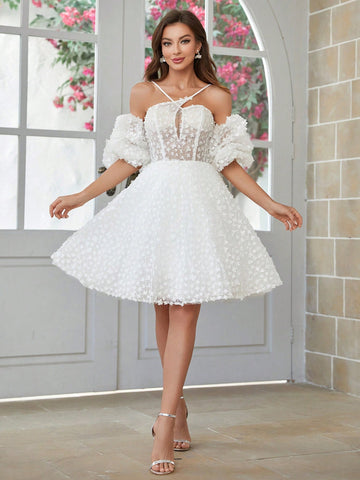 3d Floral Fabric Ball Gown With Crossed Cami Design Wedding Dress