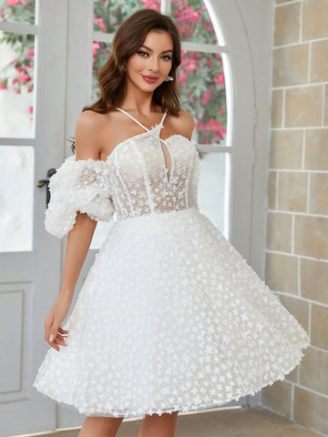 3d Floral Fabric Ball Gown With Crossed Cami Design Wedding Dress