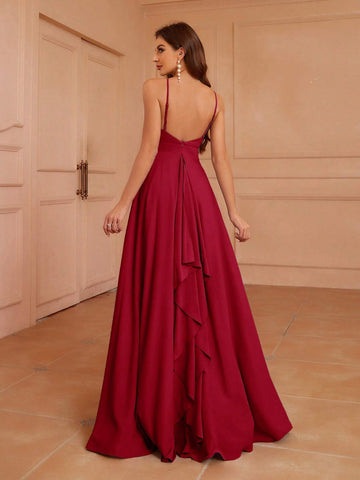 Adult Bridesmaid Dress With Halter Neck, Low Back, Ruched Waist, A-Line Silhouette And Asymmetrical Ruffle Hem At Back