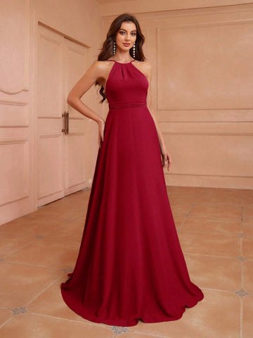 Adult Bridesmaid Dress With Halter Neck, Low Back, Ruched Waist, A-Line Silhouette And Asymmetrical Ruffle Hem At Back
