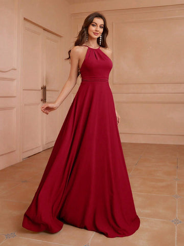 Adult Bridesmaid Dress With Halter Neck, Low Back, Ruched Waist, A-Line Silhouette And Asymmetrical Ruffle Hem At Back
