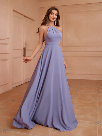 Adult Bridesmaid Dress With Halter Neckline, Low Back, Gathered Waist, Large A-Line, Asymmetric Ruffl
