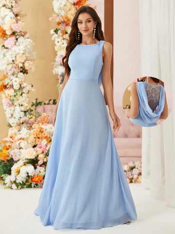 Adult Bridesmaid Dress With Lace Splice And Cowl Neckline, Full Swing Skirt