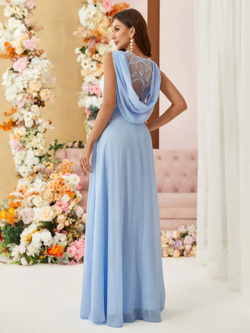Adult Bridesmaid Dress With Lace Splice And Cowl Neckline, Full Swing Skirt