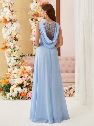 Adult Bridesmaid Dress With Lace Splice And Cowl Neckline, Full Swing Skirt