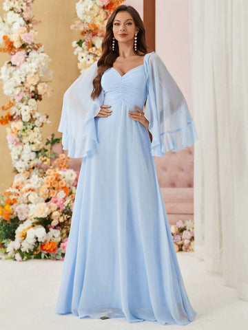 Adult Bridesmaid Dress With Layered Ruffled Hem, Pleated Bust And Umbrella Skirt Design