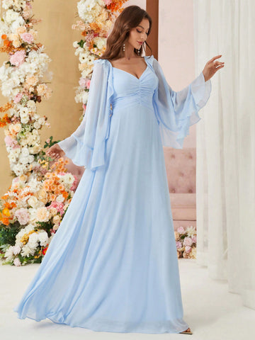 Adult Bridesmaid Dress With Layered Ruffled Hem, Pleated Bust And Umbrella Skirt Design