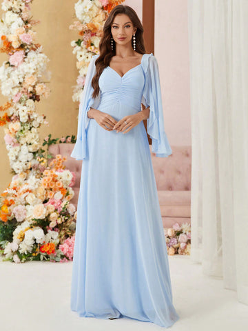 Adult Bridesmaid Dress With Layered Ruffled Hem, Pleated Bust And Umbrella Skirt Design