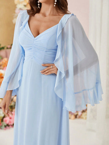 Adult Bridesmaid Dress With Layered Ruffled Hem, Pleated Bust And Umbrella Skirt Design