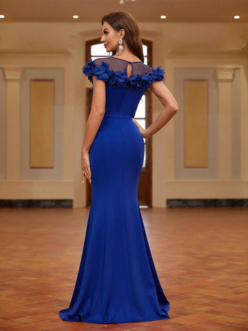 Adult Bridesmaid Dress With Sheer Panels, 3d Floral Embellishments And Fish Tail Hem