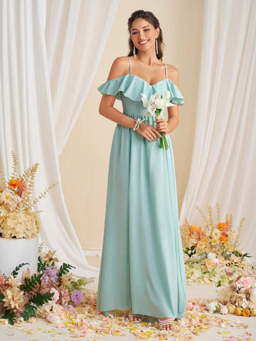 Adult Bridesmaid Dress With Spaghetti Straps And Ruffled Hemline