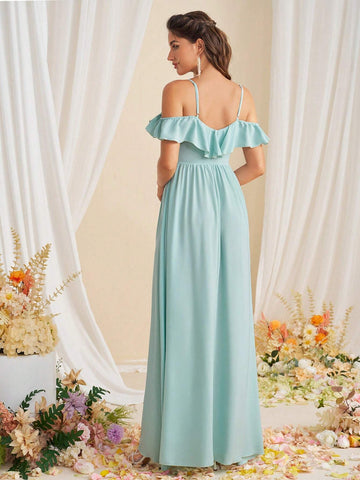 Adult Bridesmaid Dress With Spaghetti Straps And Ruffled Hemline