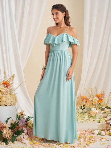 Adult Bridesmaid Dress With Spaghetti Straps And Ruffled Hemline