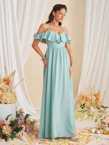 Adult Bridesmaid Dress With Spaghetti Straps And Ruffled Hemline