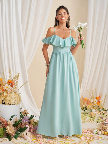 Adult Bridesmaid Dress With Spaghetti Straps And Ruffled Hemline