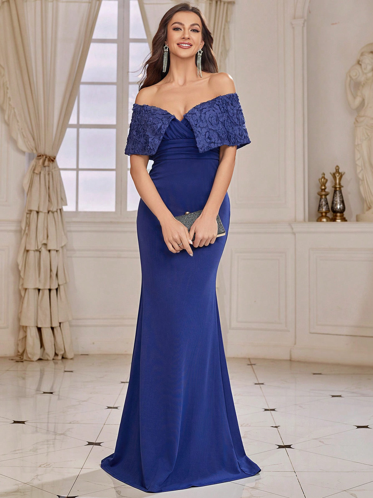 Adult Bridesmaid Dress With Three-Dimensional Flower Decoration, Mermaid Hem And Off-Shoulder Design