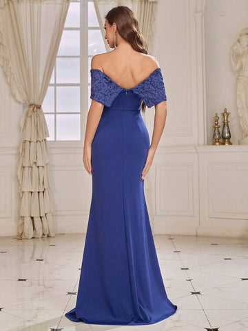 Adult Bridesmaid Dress With Three-Dimensional Flower Decoration, Mermaid Hem And Off-Shoulder Design