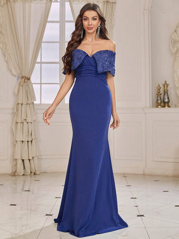 Adult Bridesmaid Dress With Three-Dimensional Flower Decoration, Mermaid Hem And Off-Shoulder Design