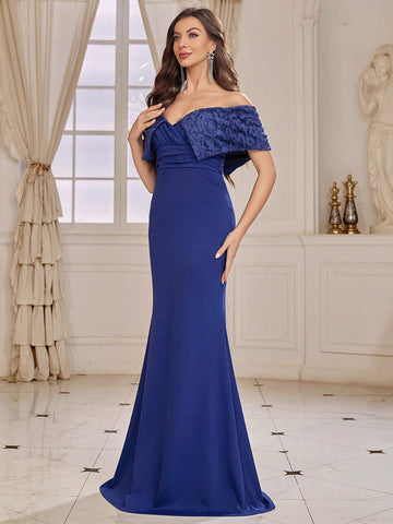 Adult Bridesmaid Dress With Three-Dimensional Flower Decoration, Mermaid Hem And Off-Shoulder Design