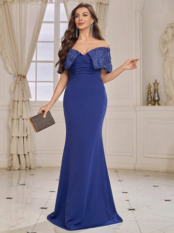 Adult Bridesmaid Dress With Three-Dimensional Flower Decoration, Mermaid Hem And Off-Shoulder Design