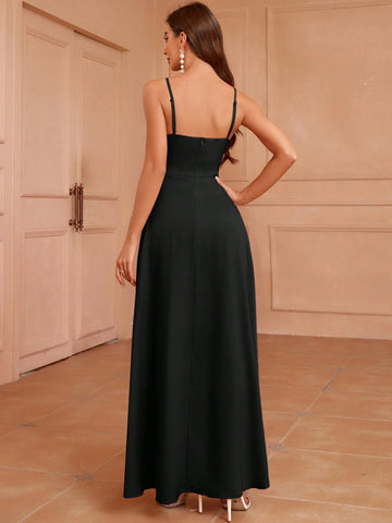 Adult Pleated V-Neck Split Elegant Bridesmaid Dress For Evening Party