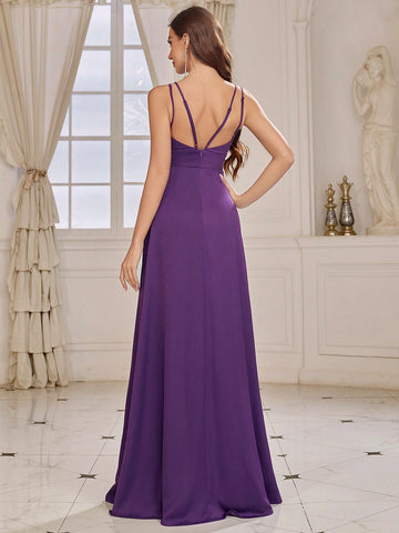 Adult V-neck Bridesmaid Dress With Double Straps & High Slit