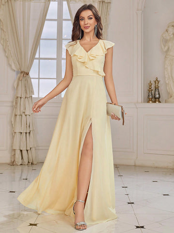 Adult V-neck Chiffon Bridesmaid Dress With Ruffle Edge