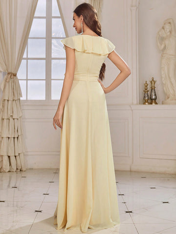 Adult V-neck Chiffon Bridesmaid Dress With Ruffle Edge