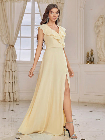 Adult V-neck Chiffon Bridesmaid Dress With Ruffle Edge