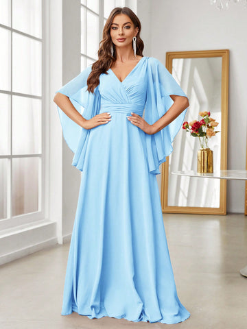 Adult Women's Off-The-Shoulder V-Neck Pleated Bridesmaid Dress