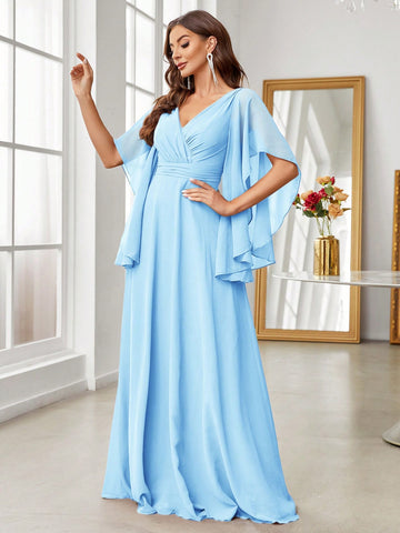 Adult Women's Off-The-Shoulder V-Neck Pleated Bridesmaid Dress