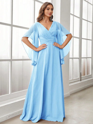 Adult Women's Off-The-Shoulder V-Neck Pleated Bridesmaid Dress