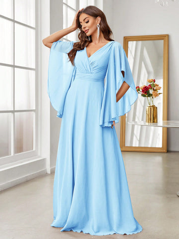 Adult Women's Off-The-Shoulder V-Neck Pleated Bridesmaid Dress